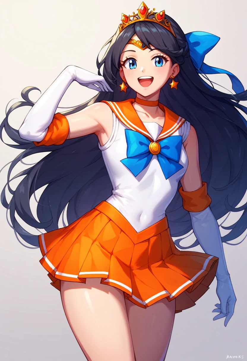 score_9, score_8_up, score_7_up,score_6_up, score_5_up, score_4_up , 1girl, solo, aavenus, long hair, blonde hair, hair bow, tiara, earrings, blue eyes, orange choker, orange sailor collar, blue bow, white shirt, elbow gloves, white gloves, pleated skirt, orange skirt, bare legs, aamars, long hair, black hair, tiara, earrings, red choker, red sailor collar, purple bowtie, white shirt, elbow gloves, white gloves, pleated skirt, red skirt, bare legs, happy, cowboy shot, simple background