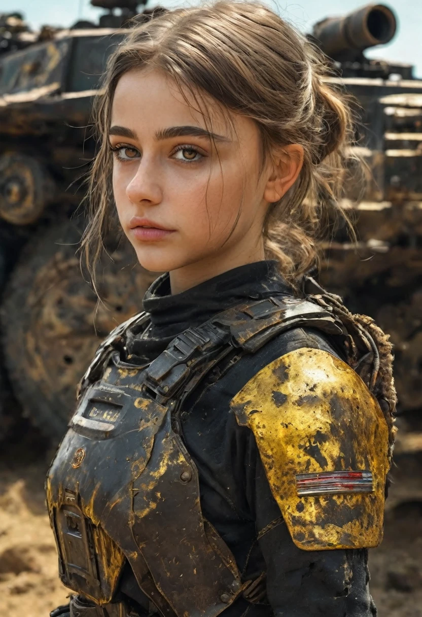 1 girl, 13 year old perfect likeness of Dasha Teran SDXL wearing black and gold vaultgirl. Goggle, clothing torn, girl clothes and faces are dirty from battle.  and slim, small girl, short girl, fine detailed eyes, weapons slung over shoulders, leaning against a war vehicle, dented and rusty. , professionally color graded, professional photography, well drawn, masterpiece, hyper realistic, ultra detailed, high quality, best quality, 4k, 8k, hi resolution, very young girl, young face, cute, beautiful, ((NSFW、realistic)), 