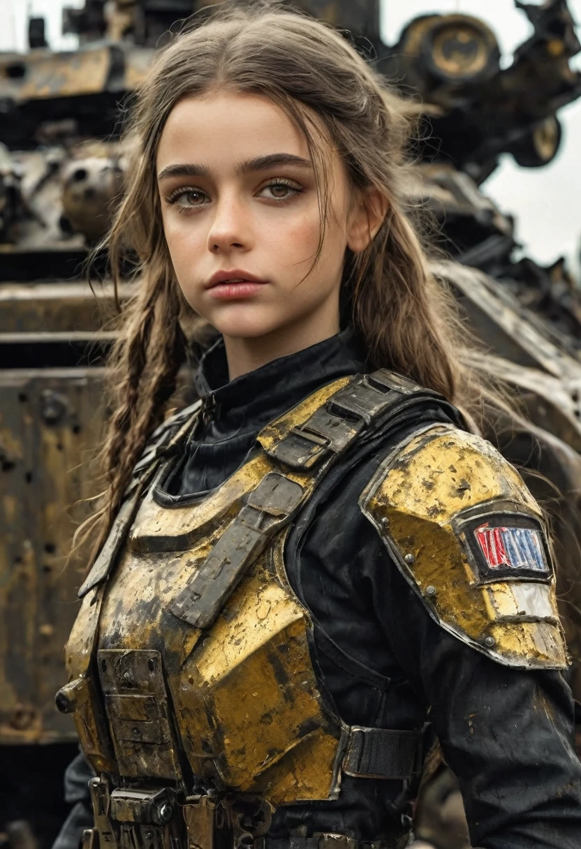 1 girl, 13 year old perfect likeness of Dasha Teran SDXL wearing black and gold vaultgirl. Goggle, clothing torn, girl clothes and faces are dirty from battle.  and slim, small girl, short girl, fine detailed eyes, weapons slung over shoulders, leaning against a war vehicle, dented and rusty. , professionally color graded, professional photography, well drawn, masterpiece, hyper realistic, ultra detailed, high quality, best quality, 4k, 8k, hi resolution, very young girl, young face, cute, beautiful, ((NSFW、realistic)), 