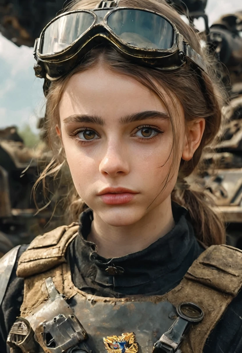 1 girl, 13 year old perfect likeness of Dasha Teran SDXL wearing black and gold vaultgirl. Goggle, clothing torn, girl clothes and faces are dirty from battle.  and slim, small girl, short girl, fine detailed eyes, weapons slung over shoulders, leaning against a war vehicle, dented and rusty. , professionally color graded, professional photography, well drawn, masterpiece, hyper realistic, ultra detailed, high quality, best quality, 4k, 8k, hi resolution, very young girl, young face, cute, beautiful, ((NSFW、realistic)), 