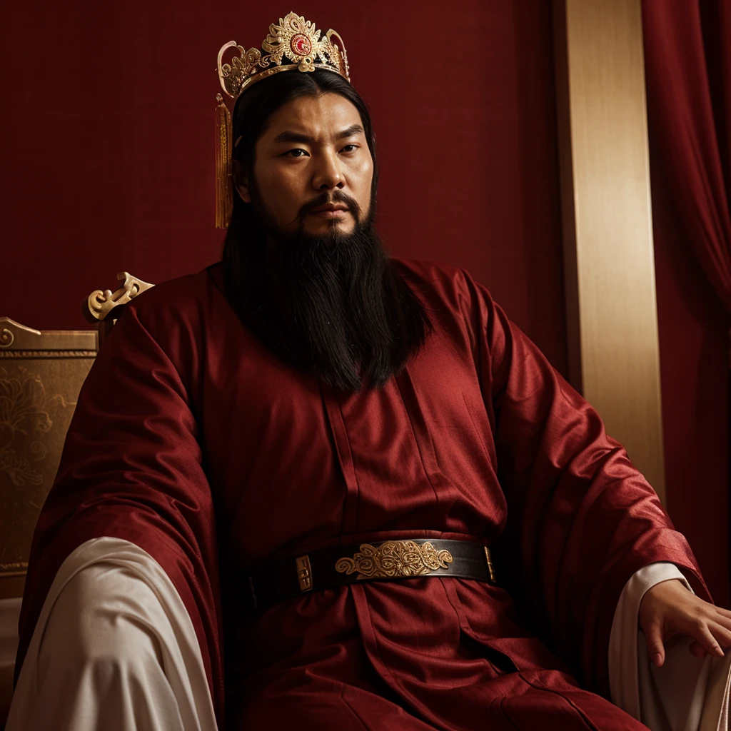 full body, an ancient chinese emperor wearing luxurious robe sit on throne, long beard, luxurious headdress, portrait, empty background