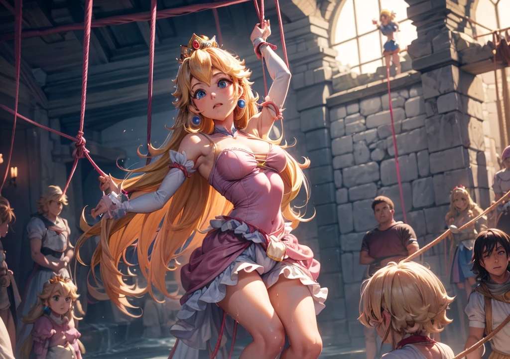 Princess peach,hanging from the ceiling with her arms tied by a rough rope、perspiring、Ropes tied her body、a wet body、Rough rope that cuts into the crotch, Strongly tied up、Hands tied、legs hanging down in shackles, legs straight down, no floor, pink clothes.