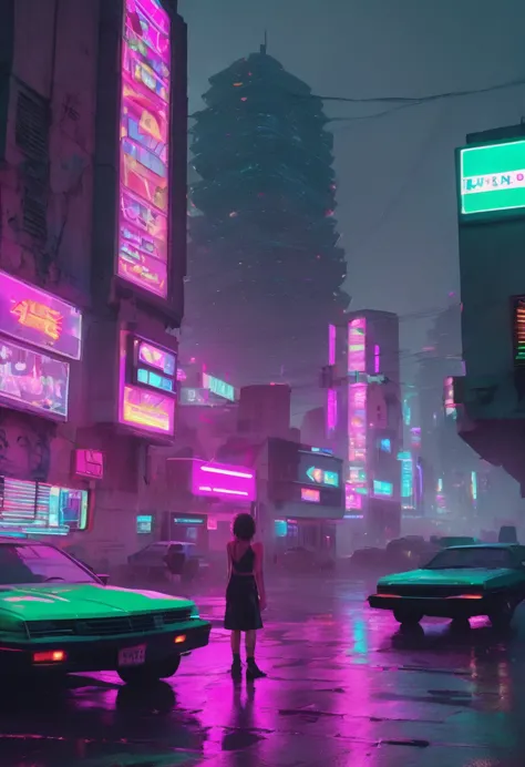 make a vaporwave and cyberpunk image, in a futiristic city with retro things, with vhs aesthetic, glitches, neon lights, license...