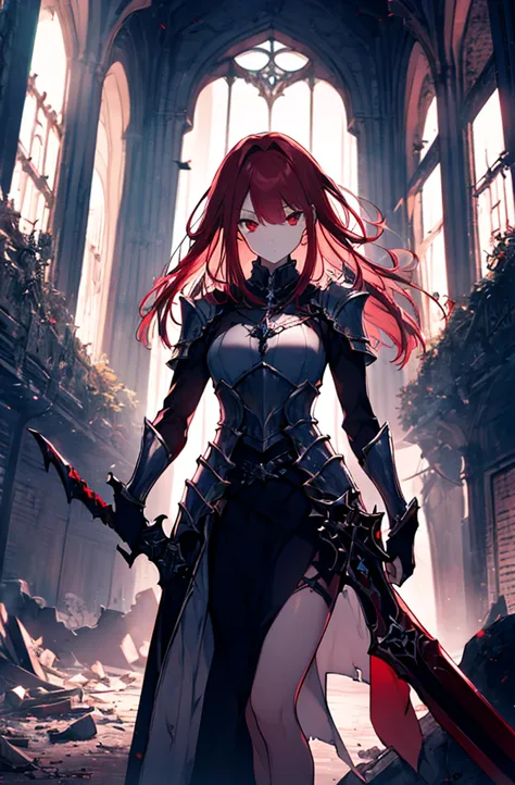 4k,hight resolution,one woman,bright red hair,longhaire,red eyes,knights,white sacred armor,jewel decorations,big sword,medieval...