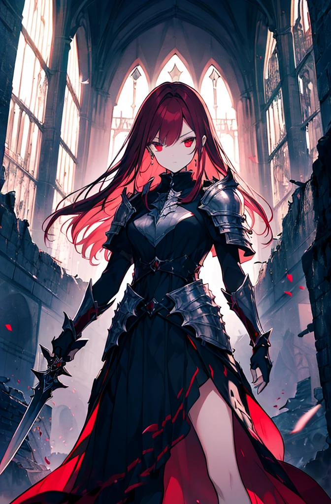 4k,hight resolution,One Woman,Bright red hair,Longhaire,red eyes,knights,white sacred armor,jewel decorations,Big sword,medieval town,furious,((dark cave,ruin place)),