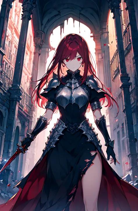 4k,hight resolution,one woman,bright red hair,longhaire,red eyes,knights,white sacred armor,jewel decorations,big sword,medieval...