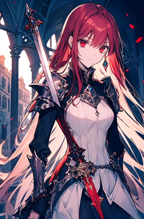 4k,hight resolution,one woman,bright red long hair,longhaire,red eyes,knights,white sacred armor,jewel decorations,big sword,med...