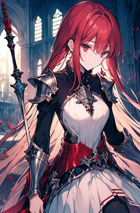 4k,hight resolution,one woman,bright red long hair,longhaire,red eyes,knights,white sacred armor,jewel decorations,big sword,med...