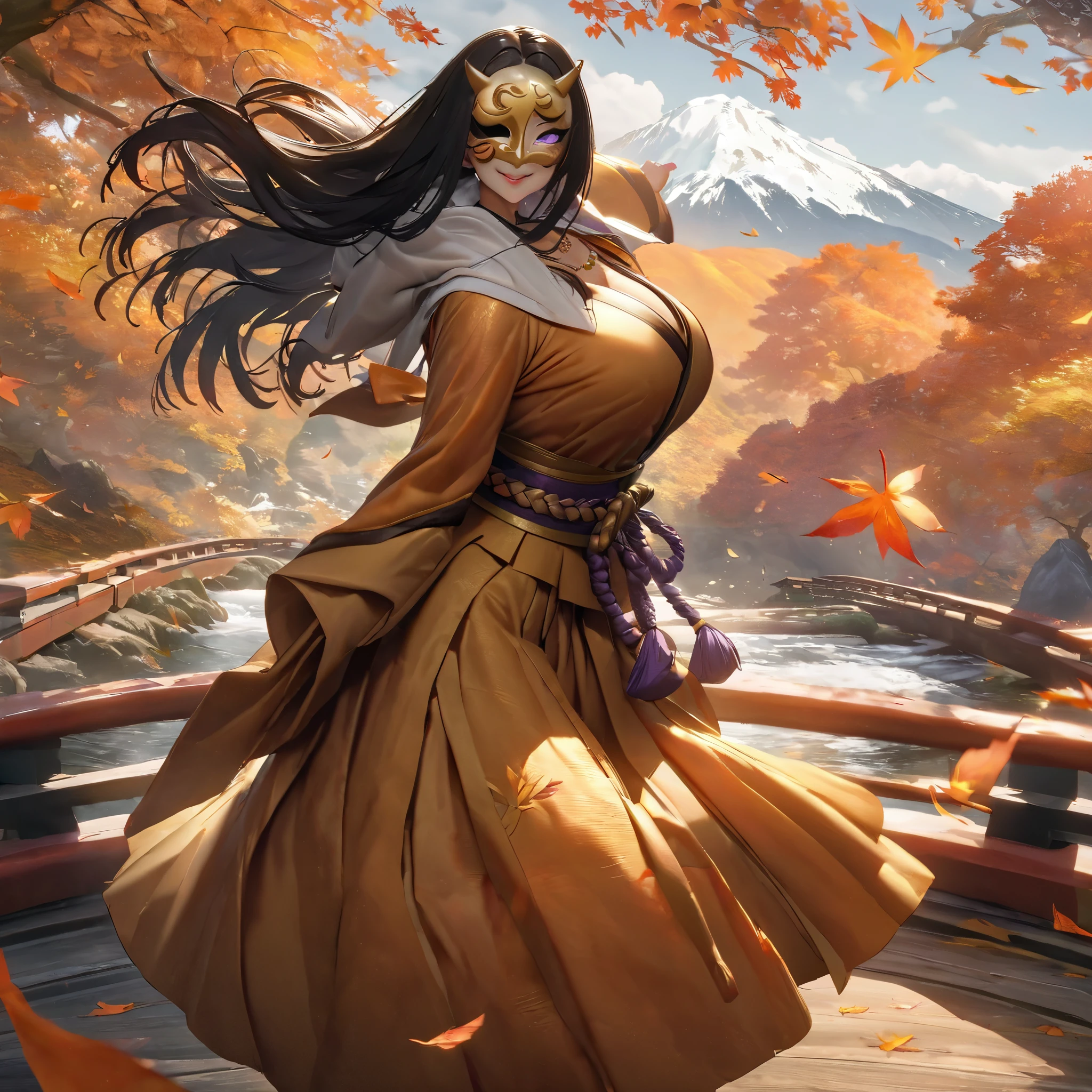 A woman wearing an orange monk uniform with long sleeves, a long dress,Japanese style necklace around the neck, on a Japanese aesthetic bridge, autumn trees, orange leaves,white hood in hair, big breasts,several orange leaves falling, orange aura, orange energy, very detailed, perfect eyes, perfect smile, perfect lips, black hair, straight hair, smiling, purple eyes,crazy woman expression,wearing a golden yokai mask, mask covering the entire face, place of day, on a high point of the mountain, standing upright., UHD , prime work , accurate , anatomically correct , textured skin , super details , high quality , best quality, 8k, high resolution, bokeh effect. (woman solo), close view
