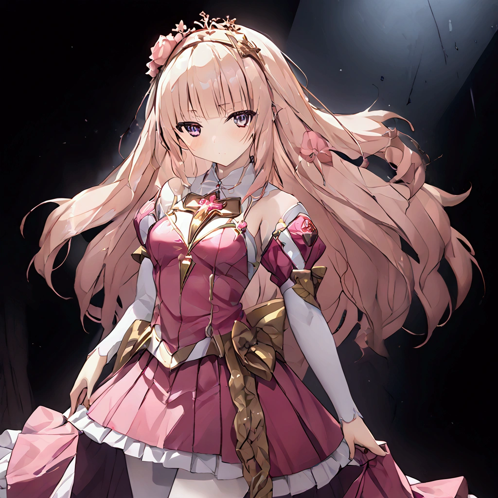 A lone magical girl with fair white skin stands in a high-definition, ultra high-definition bedroom. She possesses a slender frame and small breasts, her wavy, long rose gold hair flowing elegantly. Dressed in a rose gold, pink, and gold color magical girl outfit. she wears detached sleeves, a skirt with a black bow, and magenta eyes that reflect disdain. Adorned with a rose in her hair, she stands with a look of humiliation and defiance, gazing directly at the viewer.