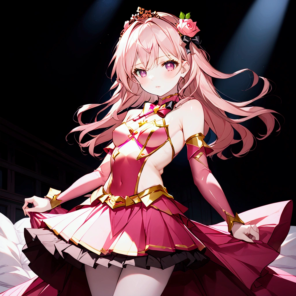 A lone magical girl with fair white skin stands in a high-definition, ultra high-definition bedroom. She possesses a slender frame and small breasts, her wavy, long rose gold hair flowing elegantly. Dressed in a rose gold, pink, and gold color magical girl outfit. she wears detached sleeves, a skirt with a black bow, and magenta eyes that reflect disdain. Adorned with a rose in her hair, she stands with a look of humiliation and defiance, gazing directly at the viewer.