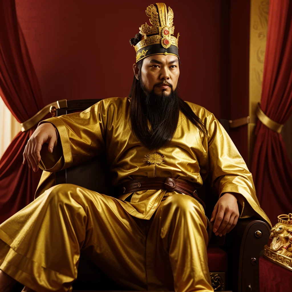 full body, long shot,  an ancient chinese emperor sit on dragons throne, long beard, luxurious headdress, portrait, empty background, long shot, yellow gold emperor robe with dragons pattern, taoist priest, Chinese mythology 