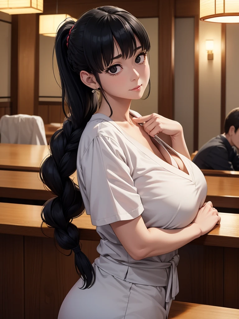 1 middle-aged woman,dimly lit waitress,Posing,Cute,upward-eyed,Long hair,Ponytail,large Braided hair,Black hair,Black eyes,from the front side,Indoors,masuterpiece, extremely fine and beautiful,Japanese,(huge chest:1.3),Junji Ito&#39;s painting, huge tits