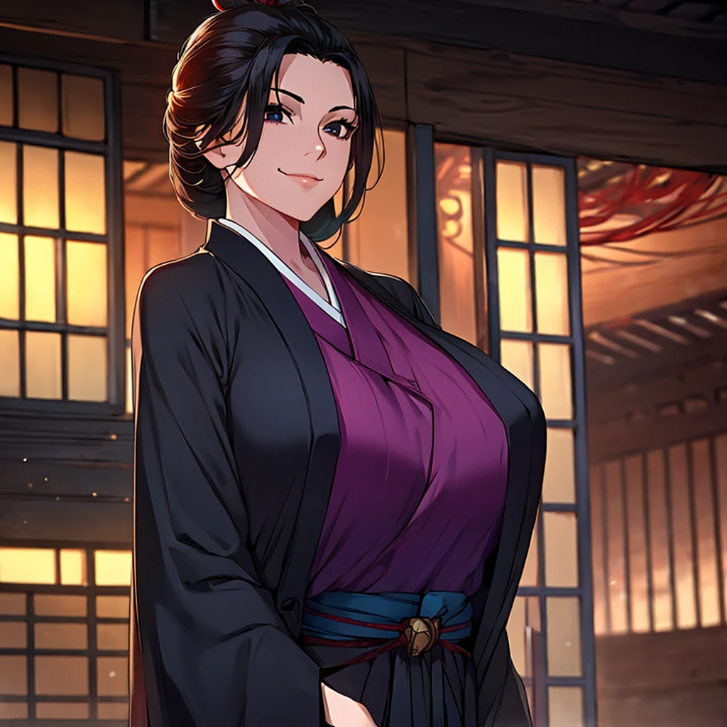 A woman wearing a black kimono with burgundy details, straight black hair, tied up hair, perfect face, perfect eyes, perfect hair, smiling, big breasts, black eyes, outside a Japanese castle, large Japanese castle, Japanese aesthetics, posture standing, daytime place.UHD , prime work , accurate , anatomically correct , textured skin , super details , high quality , best quality, 8k, high resolution, bokeh effect. (woman solo), close view
