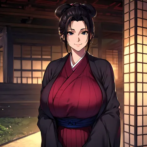 a woman wearing a black kimono with burgundy details, straight black hair, tied up hair, perfect face, perfect eyes, perfect hai...