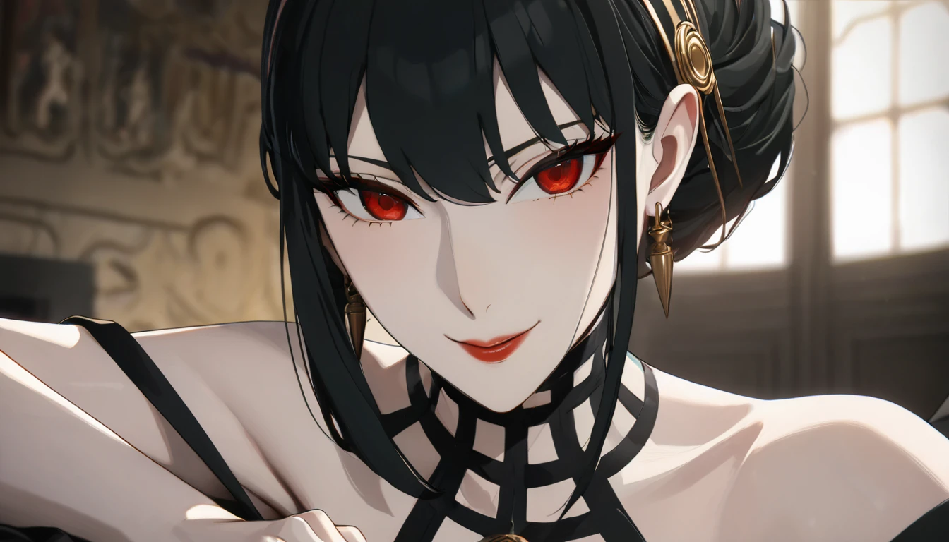 ((ultra quality)), ((work of art)), ((8k)), ((yor)), murderer, ((Bblack hair)), (beautiful  face), (), enchanting, ((curious facial expression)), looks at the camera with a slight smile, (white skin color), (Caucasian skin), body shine, ((beautiful detailed female eyes)), ((Eyes red)), (beautiful female lips), (dark eyeliner), (beautiful female hands), ((ideal female figure)), ideal female body, beautiful waist, beautiful hips, medium breasts, (cloth: yor suits), ((subtle and beautiful)), lies sedately, ((Depth of field)), ((high quality clear image)), (clear details), ((high détail)), realistically, ((Focus Clear)), アニメ.
