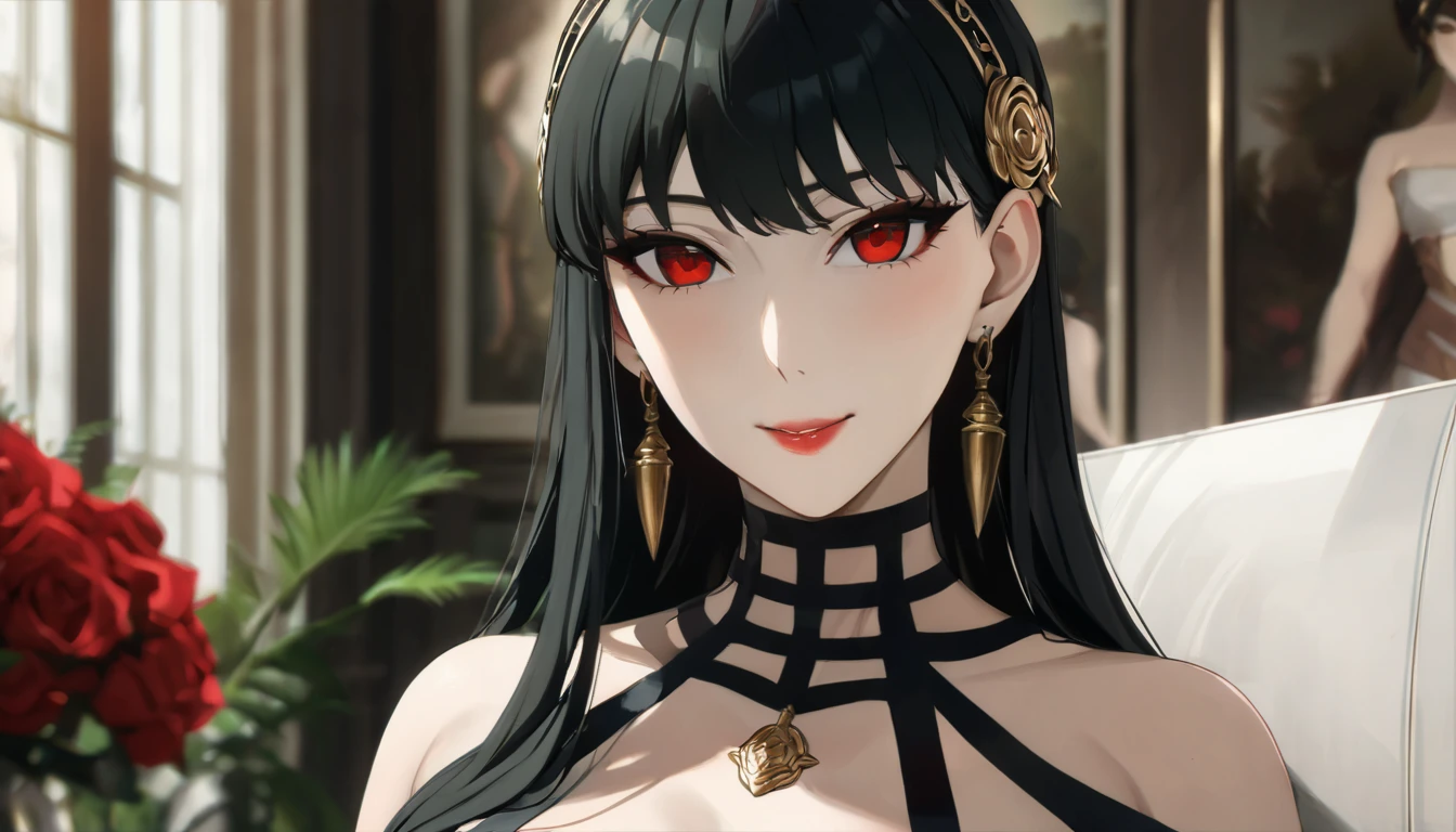 ((ultra quality)), ((work of art)), ((8k)), ((yor)), murderer, ((Bblack hair)), (beautiful  face), (), enchanting, ((curious facial expression)), looks at the camera with a slight smile, (white skin color), (Caucasian skin), body shine, ((beautiful detailed female eyes)), ((Eyes red)), (beautiful female lips), (dark eyeliner), (beautiful female hands), ((ideal female figure)), ideal female body, beautiful waist, beautiful hips, medium breasts, (cloth: yor suits), ((subtle and beautiful)), lies sedately, ((Depth of field)), ((high quality clear image)), (clear details), ((high détail)), realistically, ((Focus Clear)), アニメ.
