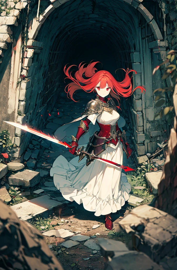 4k,hight resolution,One Woman,Bright red hair,Longhaire,red eyes,knights,white sacred armor,jewel decorations,Big sword,medieval town,furious,((dark cave,ruin place)),