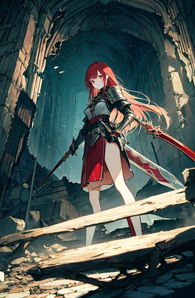 4k,hight resolution,One Woman,Bright red hair,Longhaire,red eyes,knights,white sacred armor,jewel decorations,Big sword,medieval town,furious,((dark cave,ruin place)),