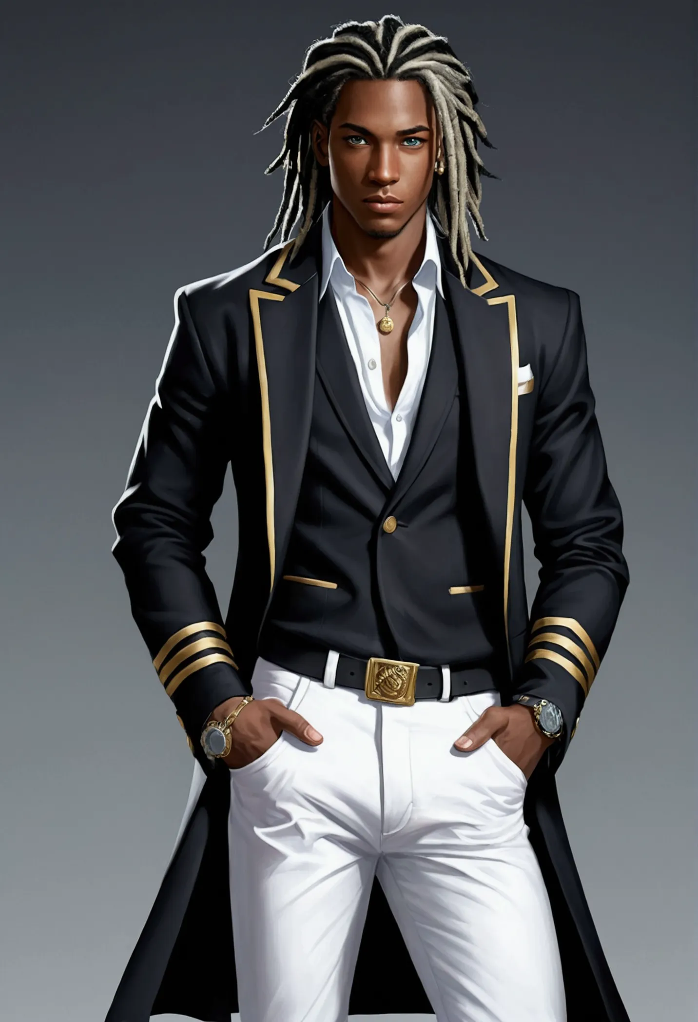 dark-skinned young man, blue eyes and black jacket, dreadlocks azul claro, estilo de cabelo dreadlock, not anime style, colourfu...