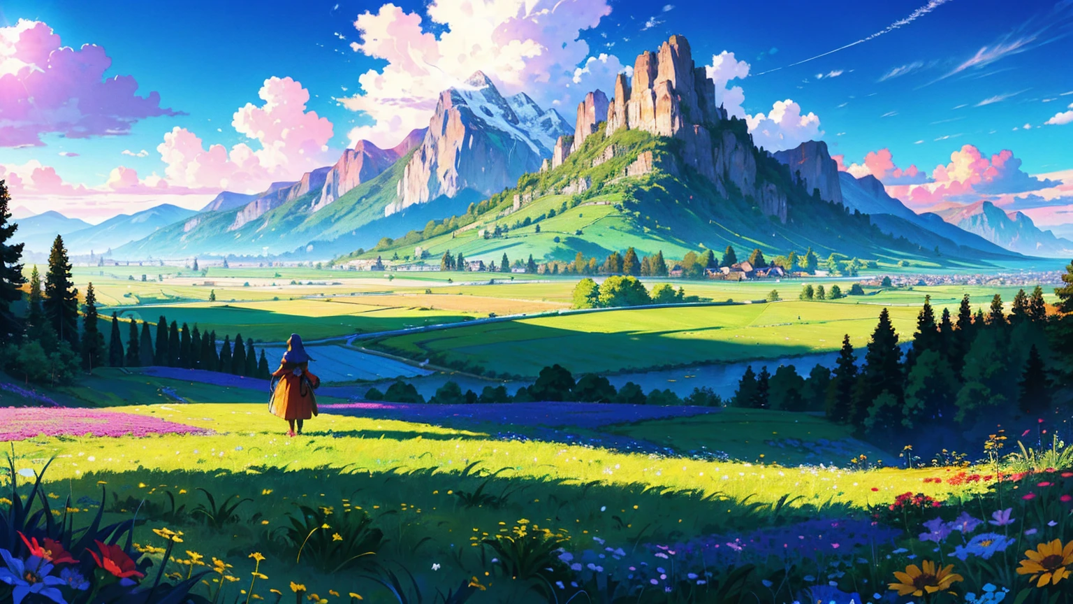 a woman stood on the grass, woman from a distance, landscape, bright blue sky, the sky fills the picture, and valley mountain with flower colorful color blue red green purple yellow and ancient fantasy world medieval