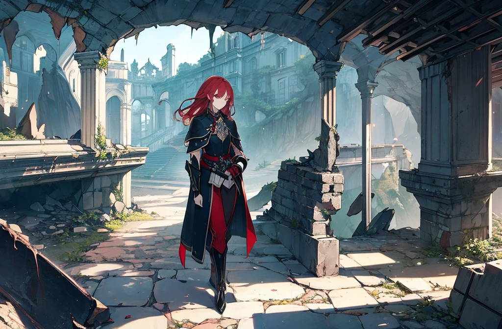 4k,hight resolution,One Woman,Bright red hair,Longhaire,red eyes,knights,white sacred armor,jewel decorations,Big sword,medieval town,furious,((dark cave,ruin place)),