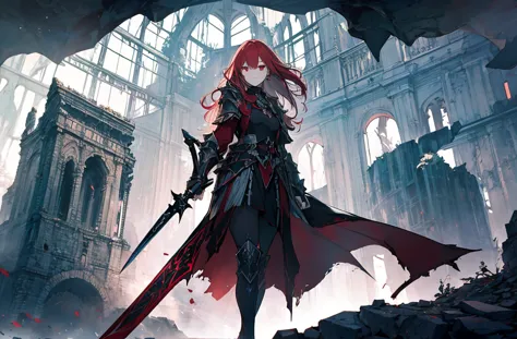 4k,hight resolution,one woman,bright red hair,longhaire,red eyes,knights,white sacred armor,jewel decorations,big sword,medieval...