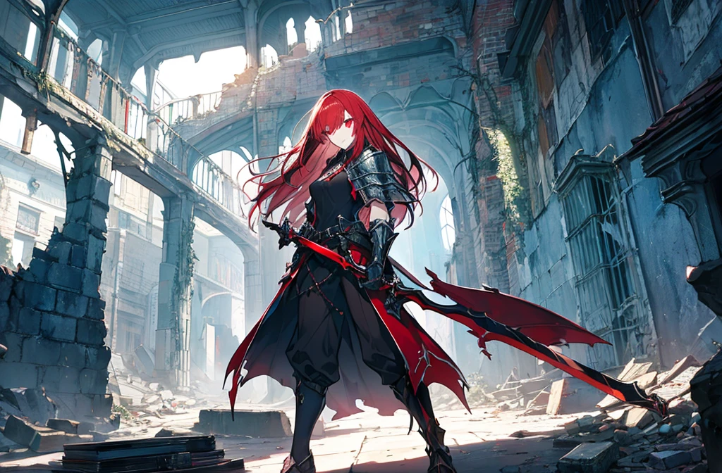 4k,hight resolution,One Woman,Bright red hair,Longhaire,red eyes,knights,white sacred armor,jewel decorations,Big sword,medieval town,furious,((dark cave,ruin place)),