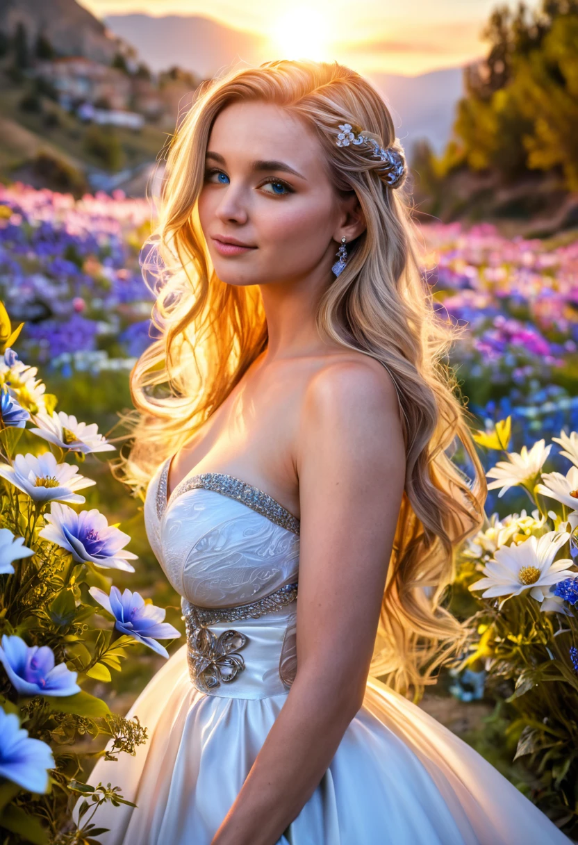 score_9, score_8_top, score_7_top, score_6_top, score_5_top, score_4_top, a beautiful woman, goddess of love and beauty, flowing white dress, golden hair, piercing blue eyes, ornate jewelry, ethereal glowing aura, serene expression, romantic landscape, rolling hills, blooming flowers, warm sunlight, (best quality,4k,8k,highres,masterpiece:1.2),ultra-detailed,(realistic,photorealistic,photo-realistic:1.37),hyperrealistic,dramatic lighting,cinematic composition,dreamlike atmosphere,vibrant colors,intricate details