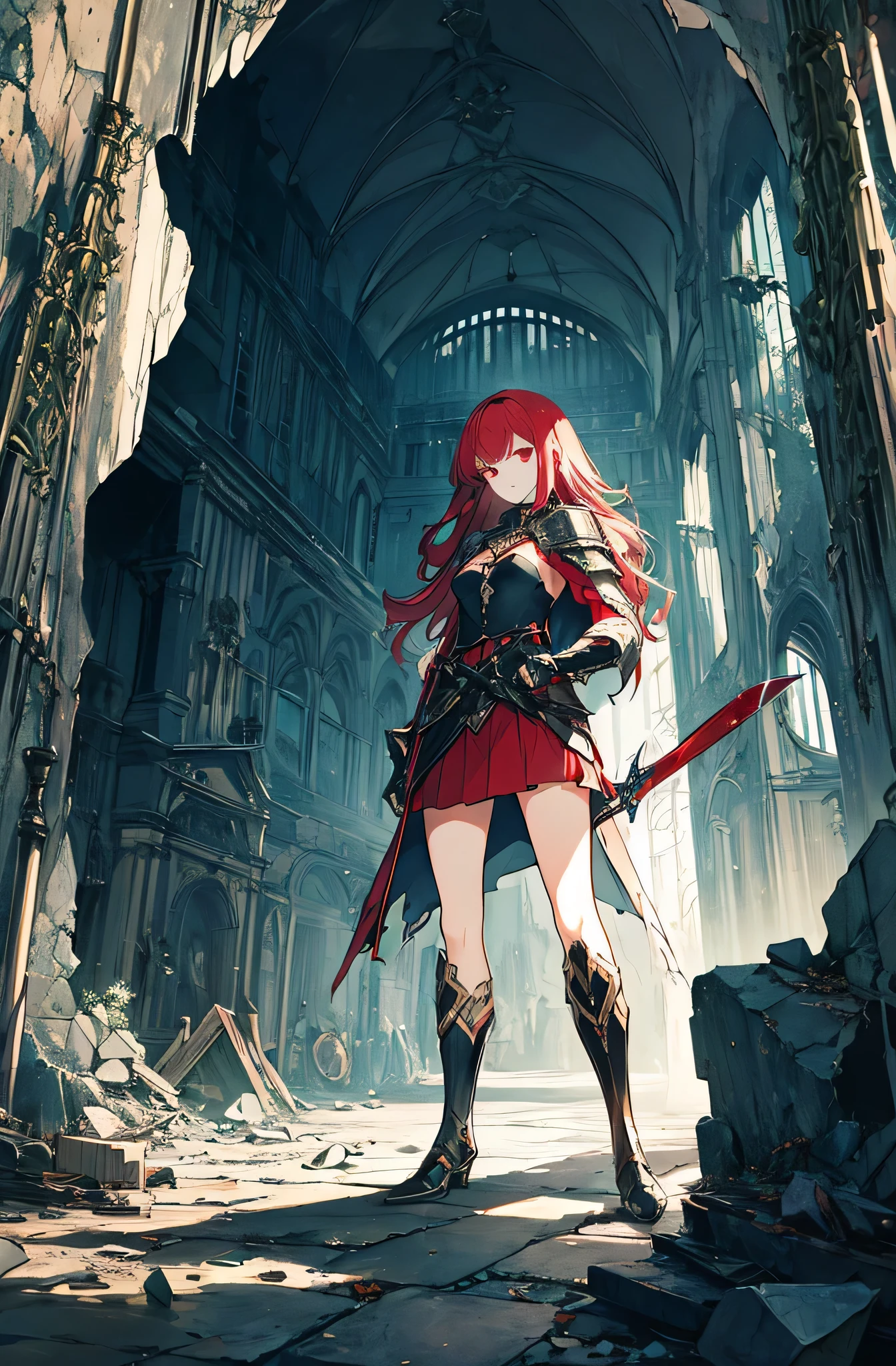 4k,hight resolution,One Woman,Bright red hair,Longhaire,red eyes,knights,white sacred armor,jewel decorations,Big sword,medieval town,furious,((dark cave,ruin place)),