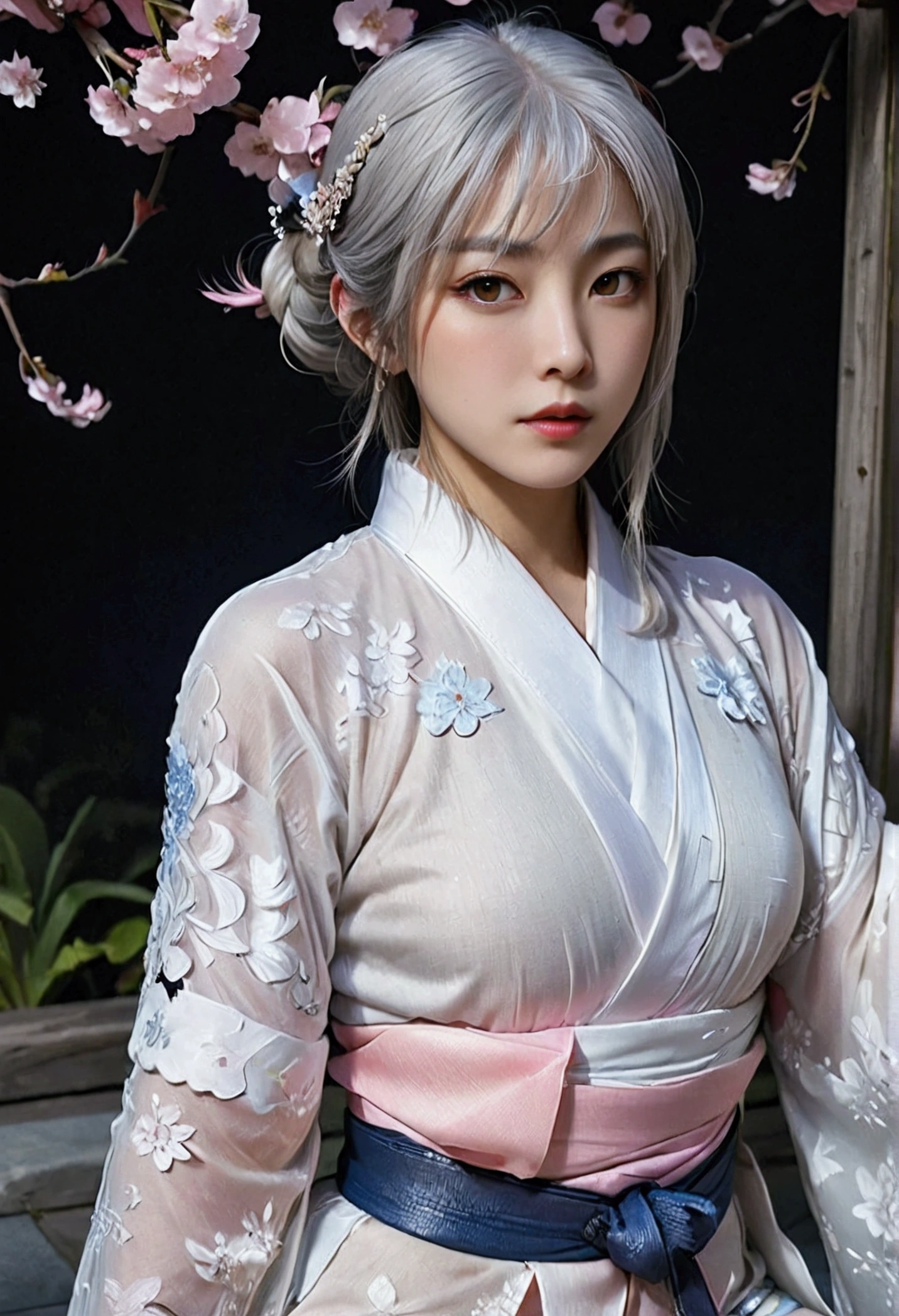 Beautiful Goddess（1 person）、White Fox Incarnation、It has nine tails、Beautiful woman、kimono、Trained muscles、Big Breasts、Gray Hair、Muscular body、Japanese Shrines、Cherry Blossoms at Night、full moon、8k、Realistic