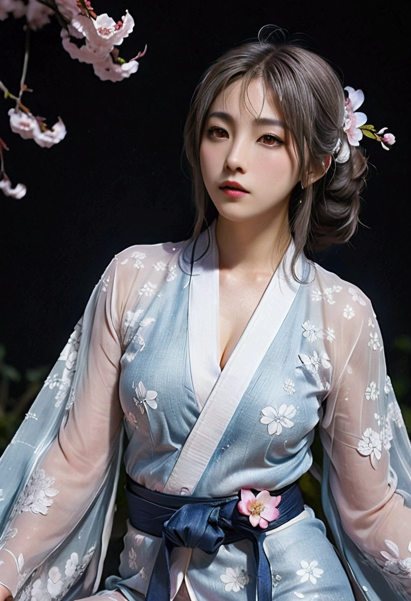 Beautiful Goddess（1 person）、White Fox Incarnation、It has nine tails、Beautiful woman、kimono、Trained muscles、Big Breasts、Gray Hair、Muscular body、Japanese Shrines、Cherry Blossoms at Night、full moon、8k、Realistic