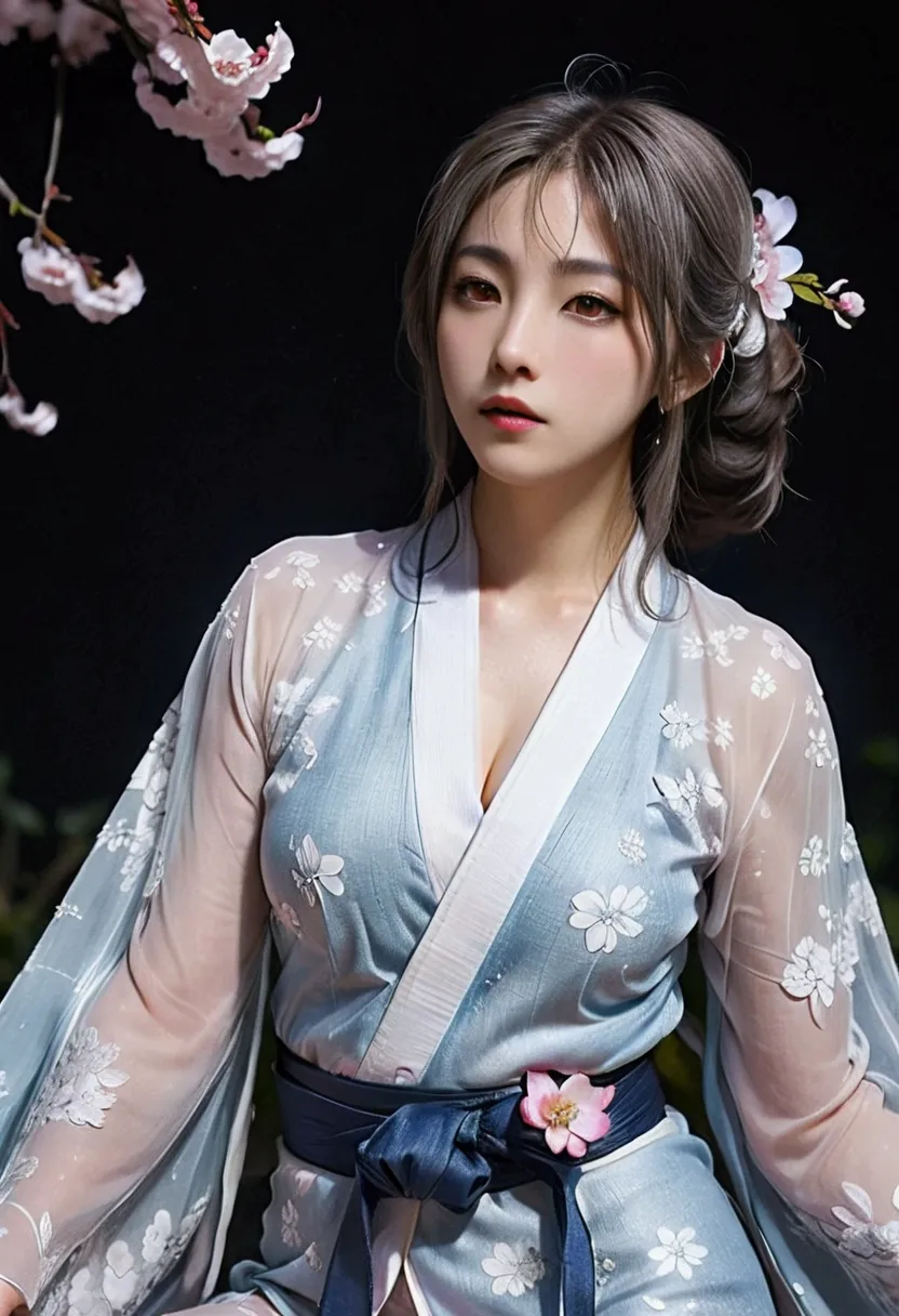 beautiful goddess（1 person）、white fox incarnation、it has nine tails、beautiful woman、kimono、trained muscles、big breasts、gray hair...