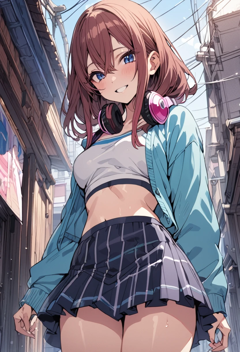 2d, masterpiece, best quality, anime, highly detailed, 1girl, solo, cowboy shot, nakano miku, brown hair, hair between eyes, blue cardigan, headphones, Crop top ,  skirt, miniskirt, medium breasts, standing, , outdoors, smile