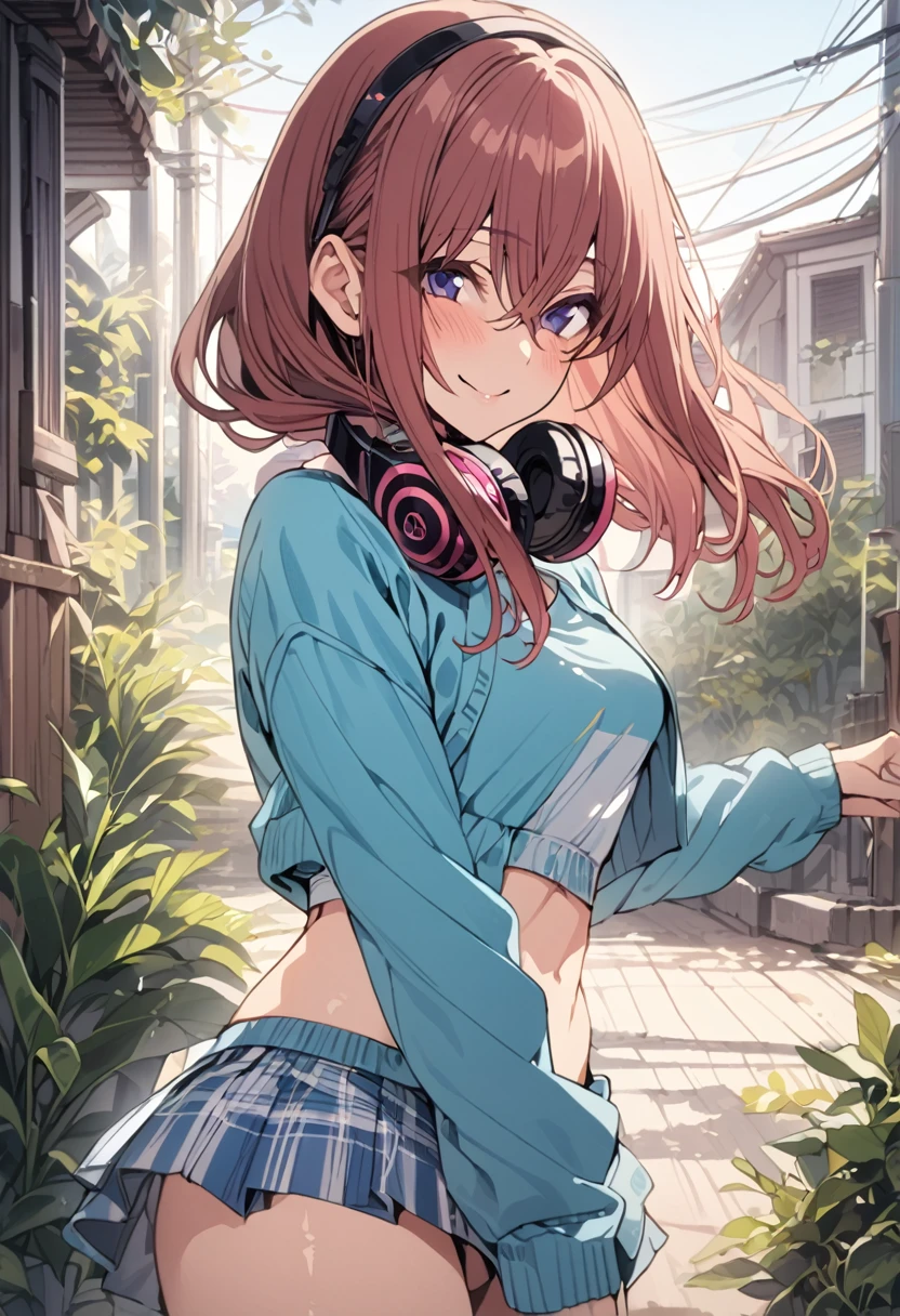 2d, masterpiece, best quality, anime, highly detailed, 1girl, solo, cowboy shot, nakano miku, brown hair, hair between eyes, blue cardigan, headphones, Crop top ,  skirt, miniskirt, medium breasts, standing, , outdoors, smile