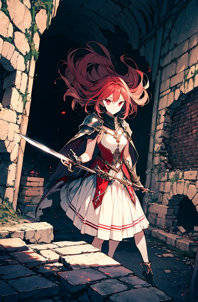 4k,hight resolution,One Woman,Bright red hair,Longhaire,red eyes,knights,white sacred armor,jewel decorations,Big sword,medieval town,furious,((dark cave,ruin place)),