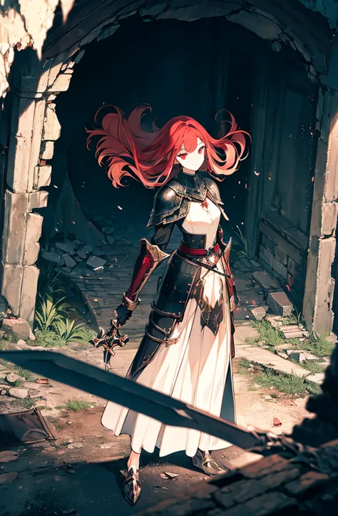 4k,hight resolution,one woman,bright red hair,longhaire,red eyes,knights,white sacred armor,jewel decorations,big sword,medieval...