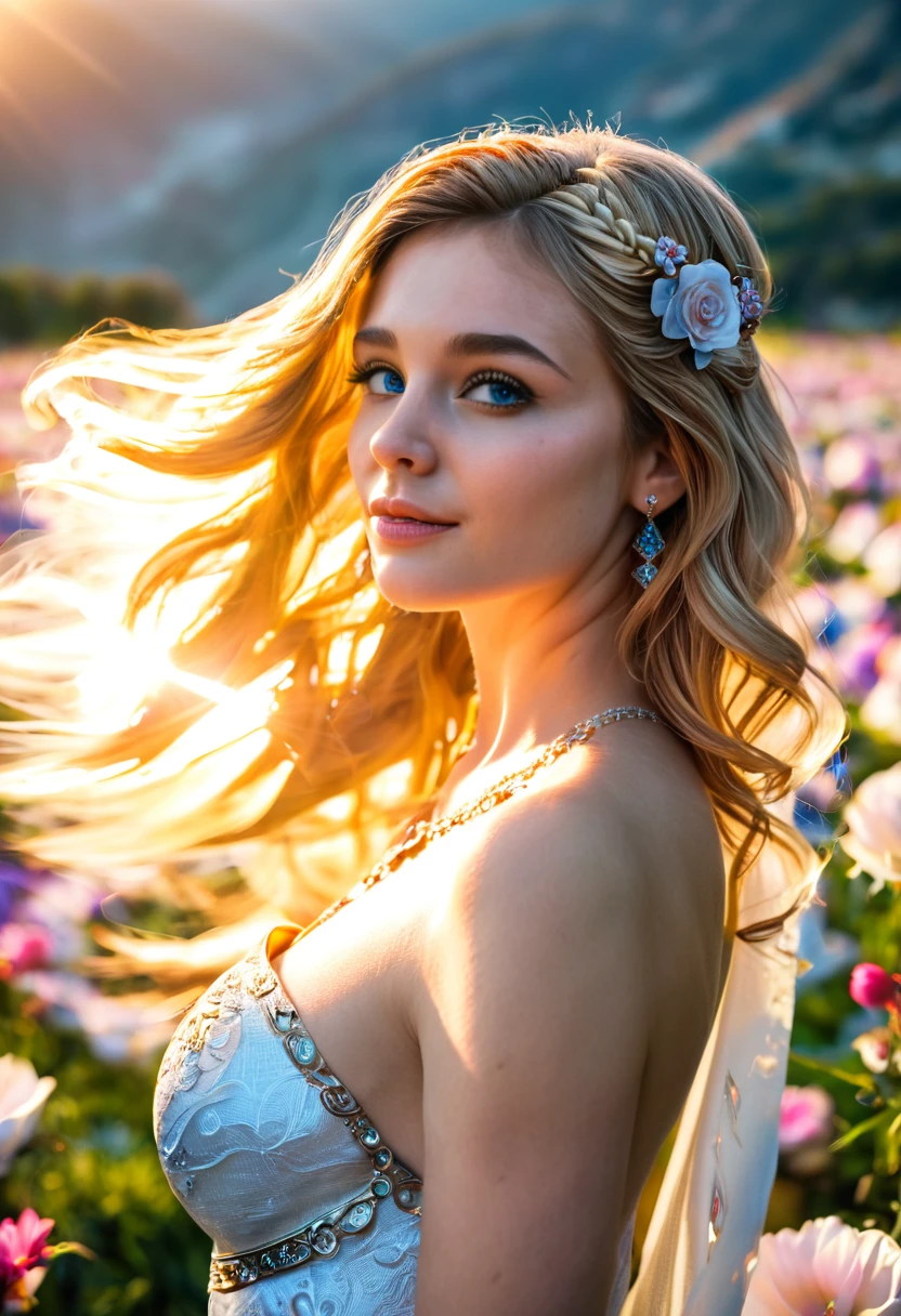 score_9, score_8_top, score_7_top, score_6_top, score_5_top, score_4_top, a beautiful woman, goddess of love, beauty and sexuality, flowing white dress, golden hair, piercing blue eyes, ornate jewelry, ethereal glowing aura, serene expression, romantic landscape, rolling hills, blooming flowers, warm sunlight, (best quality,4k,8k,highres,masterpiece:1.2),ultra-detailed,(realistic,photorealistic,photo-realistic:1.37),hyperrealistic,dramatic lighting,cinematic composition,dreamlike atmosphere,vibrant colors,intricate details