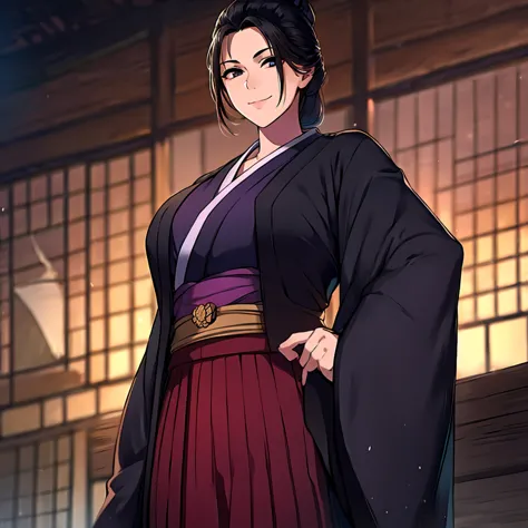 a woman wearing a black kimono with burgundy details, straight black hair, tied up hair, perfect face, perfect eyes, perfect hai...