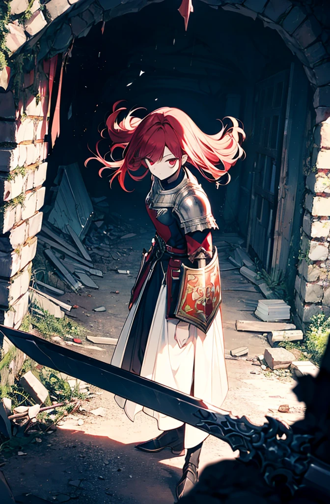 4k,hight resolution,One Woman,Bright red hair,Longhaire,red eyes,knights,white sacred armor,jewel decorations,Big sword,medieval town,furious,((dark cave,ruin place)),((near the crystale)),