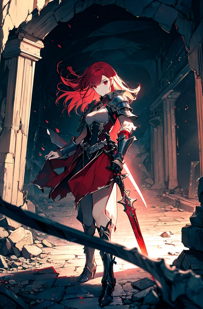 4k,hight resolution,One Woman,Bright red hair,Longhaire,red eyes,knights,white sacred armor,jewel decorations,Big sword,medieval town,furious,((dark cave,ruin place)),((near the crystale)),