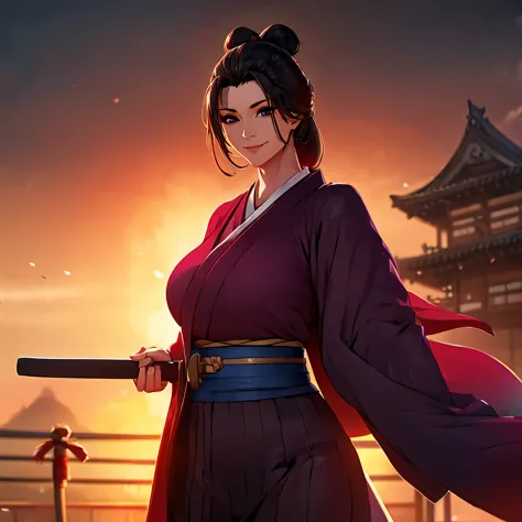 a woman wearing a black kimono with burgundy details, straight black hair, tied up hair, perfect face, perfect eyes, perfect hai...