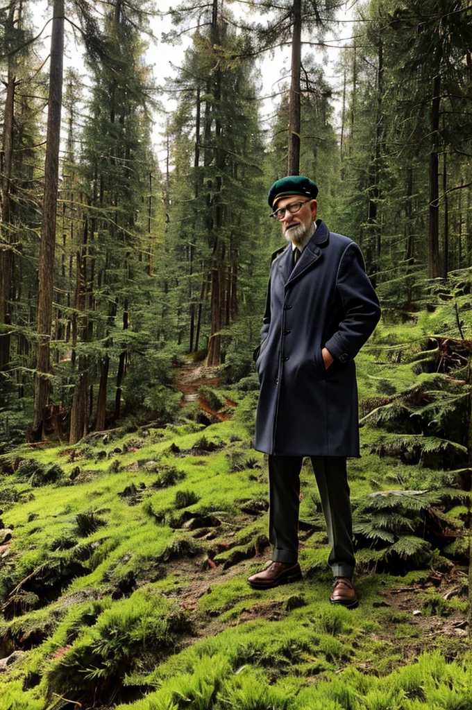 An elderly man, wearing thick-rimmed glasses and a wool beret, he is in a forest with big trees . He wears a big coat that looks old, but welcoming, suggesting a simple and timeless elegance.