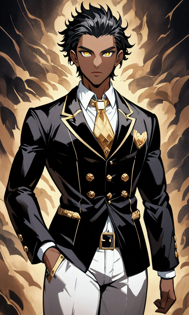 Dark-skinned young man, yellow eyes and black jacket, slickedback hair, not anime style, colourful drawing, unrealistic character concept, Portrait of my character concept, detailed portrait of the character, anime style character, anime style portrait, a character portrait, cel - shaded art style, His outfit consists of a black, unbuttoned blazer with gold buttons on the front of the blazer and at the bottom of the sleeves and he wears a white V-neck shirt, White pants, a large black belt with a gold buckle, a smaller black belt hanging from the side of the hip, and is wearing beige shoes with black buckles, inspirado por King of Fighte