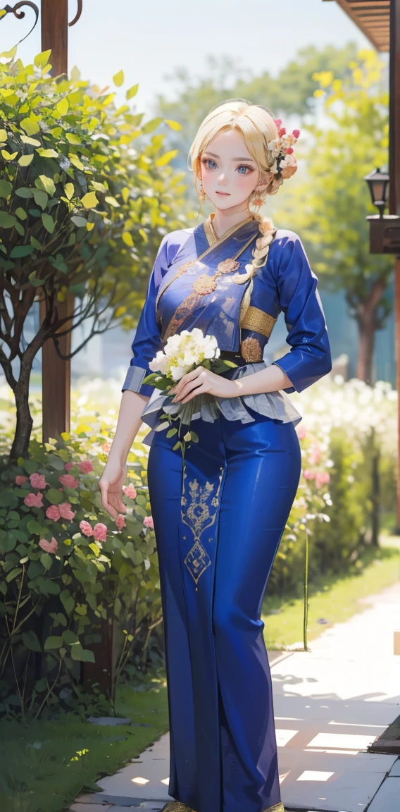 beautiful woman，folk girl，long, blonde hair , blue eyes , braid ,Purple Thai dress,กระโปรงไทยโบราณlong，holding a jasmine garland,countryside，countryside，beautiful scenery，Ayutthaya historical site，smile with teeth，forehead，forehead exposed，big ，rift, ,(2 young women ,beautiful woman),หน้าอกbig,Show your breasts,The cracks are clear....,((หัวนมbig))，(pubic bone), rift, visible chest,seductive pose,