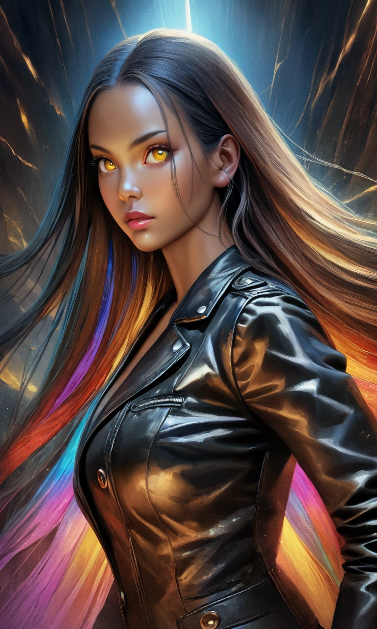 a beautiful detailed anime style girl with long dark skin, striking yellow eyes, a black leather jacket, long straight hair, colorful digital painting, photorealistic, 8k, high quality, vibrant colors, dramatic lighting, intricate details, dramatic pose