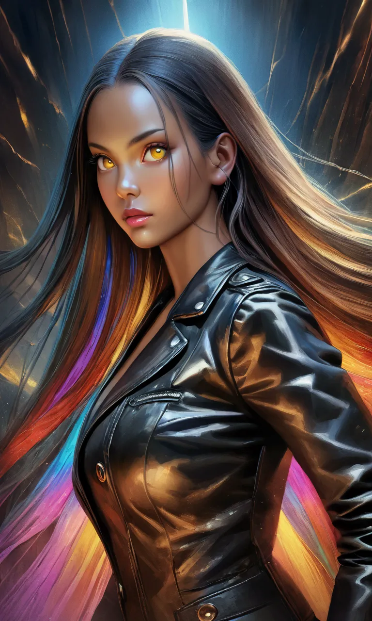 a beautiful detailed anime style girl with long dark skin, striking yellow eyes, a black leather jacket, long straight hair, col...