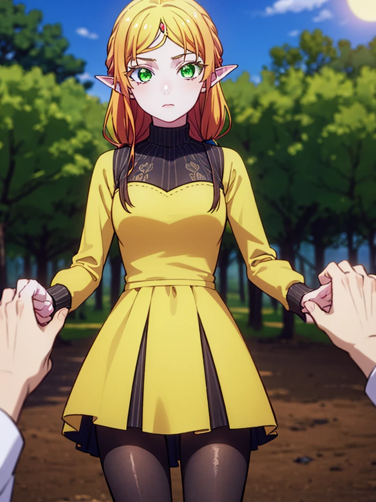 tsundereelf, tsundere elf, long hair, blonde hair, (green eyes:1.5), pointy ears, elf, multicolored hair, forehead jewel,
BREAK long sleeves, turtleneck bodysuit, pantyhose, sweater, (black sweater:1.2), dress, (yellow dress:1.5),
BREAK outdoors, forest, nature, sun, sky, clouds,
BREAK looking at viewer, (cowboy shot:1.5),
BREAK (masterpiece:1.2), best quality, high resolution, unity 8k wallpaper, (illustration:0.8), (beautiful detailed eyes:1.6), extremely detailed face, perfect lighting, extremely detailed CG, (perfect hands, perfect anatomy),