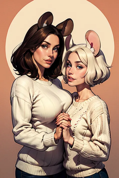 twins, mouse girls, short fluffy white hair, big round mouse ears, white sweaters, holding hands, ((brown dark eyes)), couple, c...