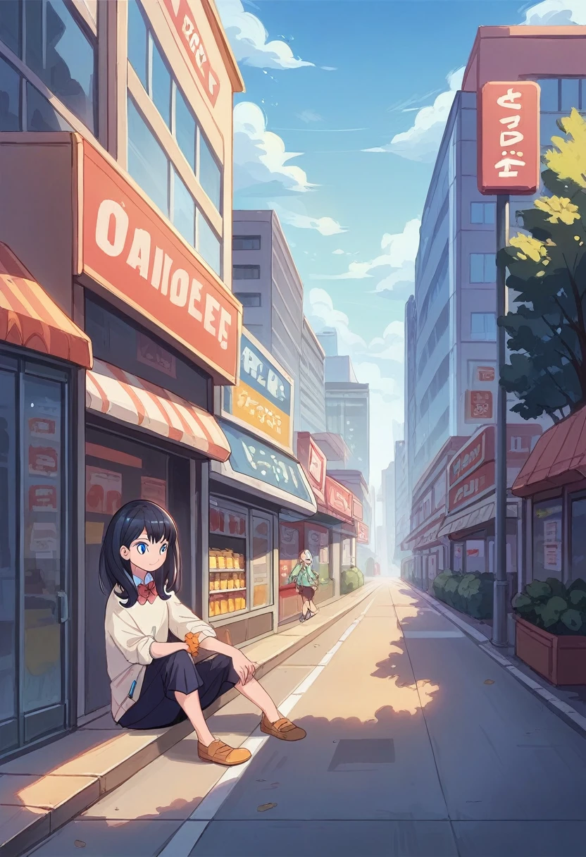 1 gilr, rikka takarada,dynamic pose,sitting, guiderail, sidewalk, building, cityscape, convenience store front, takarada rikka, blue eyes, black hair, long hair, bangs,(extremely detailed CG unity 8k wallpaper),(masterpiece),(best quality),(ultra-detailed),(best illustration),(best shadow),(absurdres),